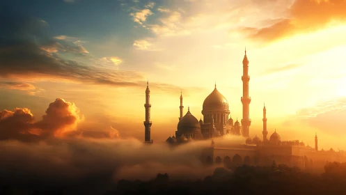 Sunlit domed palace rises through mist in cinematic digital art