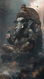 Ancient elephant-headed guardian breathes calm through sparks