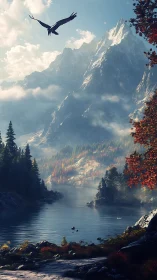 Eagle drifting above mist-clad alpine lake at autumn dawn.