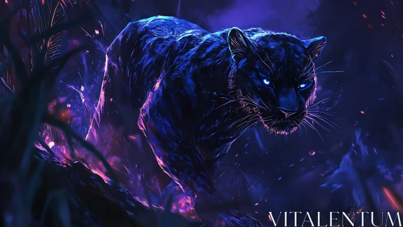 Neon Noir Black Panther: Volumetric Lighting with Cyan-Magenta Chromatic.