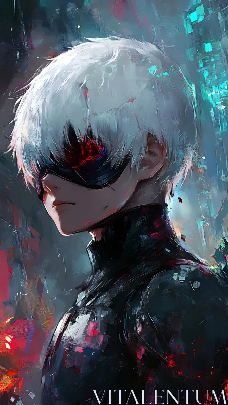 Silent masked warrior stands in a storm of neon color