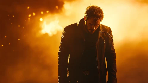 Brooding leather clad hero walks through glowing embers