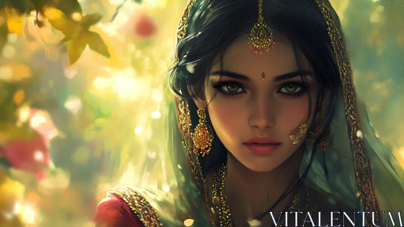 Gentle-eyed woman in jeweled sari glowing in forest light.