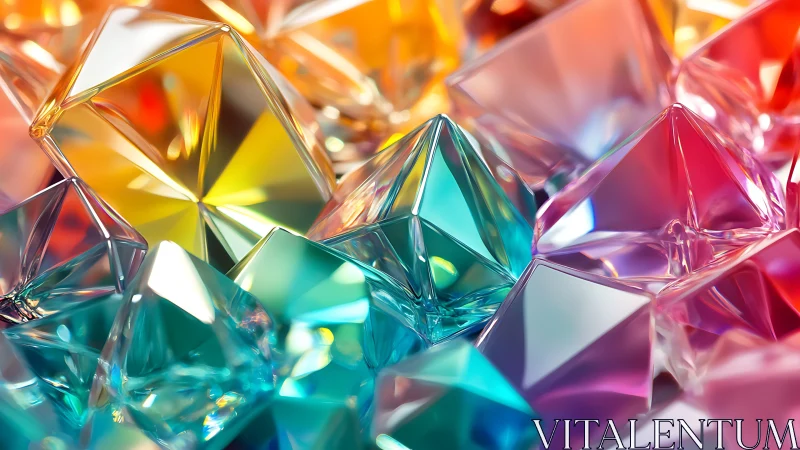 Prismatic crystal cluster in saturated geometric 3D render.