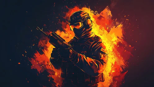 Armored soldier grips rifle amid blazing abstract fire