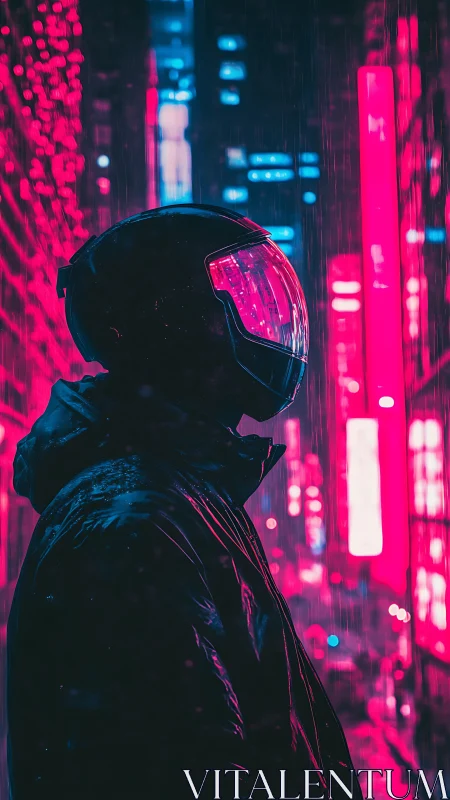 Cyberpunk rider silhouette in neon-soaked nocturnal alleyway.