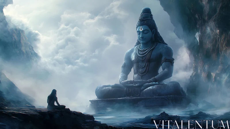 Mountain cavern scene with colossal meditating statue figure.