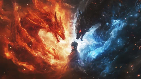 Fire and shadow wolves clash around lone warrior figure.