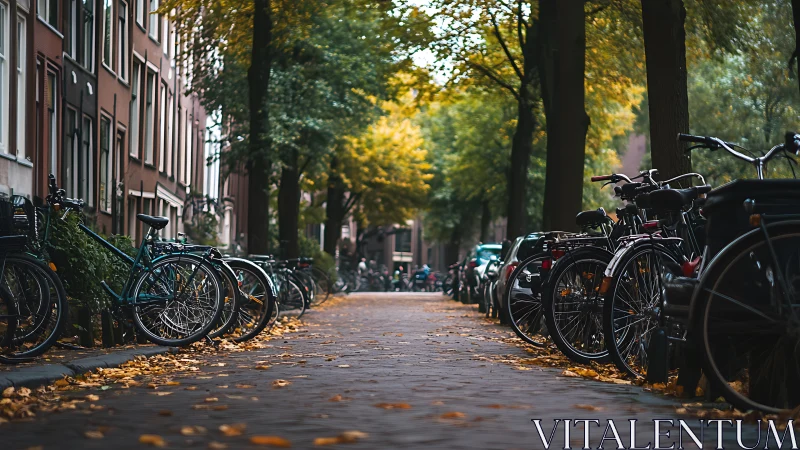 Peaceful Urban Path Where Bicycles Rest Among Golden Autumn Leaves.