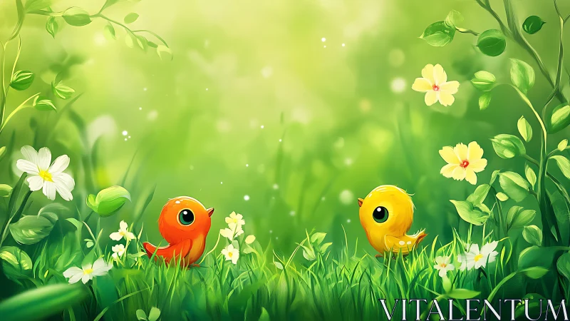 Vibrant chibi songbirds in luminous spring meadow clearing