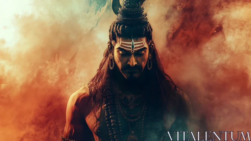 Storm-eyed ascetic in ember mist, carved from mythic fire.