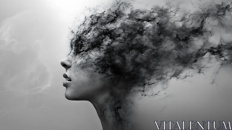 Smoke-textured profile dissolves into turbulent monochrome vapor