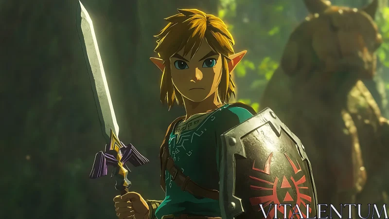 Forest hero steadies gleaming sword beneath dappled light.