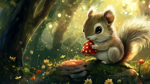 Backlit forest squirrel cradles red mushroom in stylized bokeh field