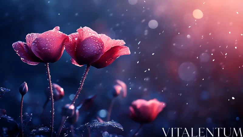 Red Poppies with Dew Drops in Twilight.