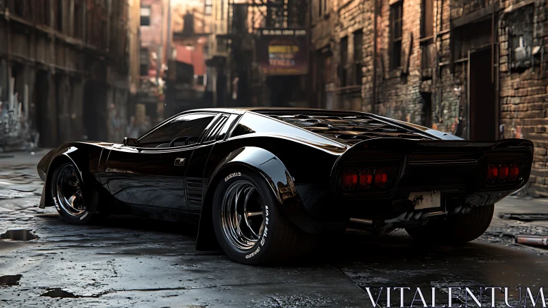 Black sports coupe parked in narrow urban alleyway at dusk.