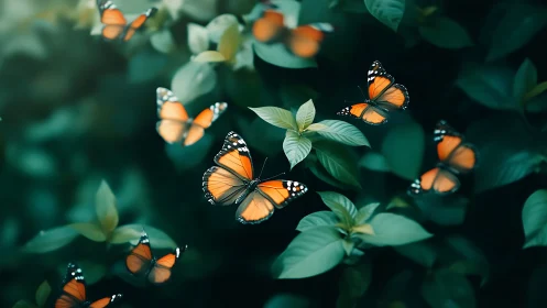 Orange butterflies drift gently through lush emerald leaves