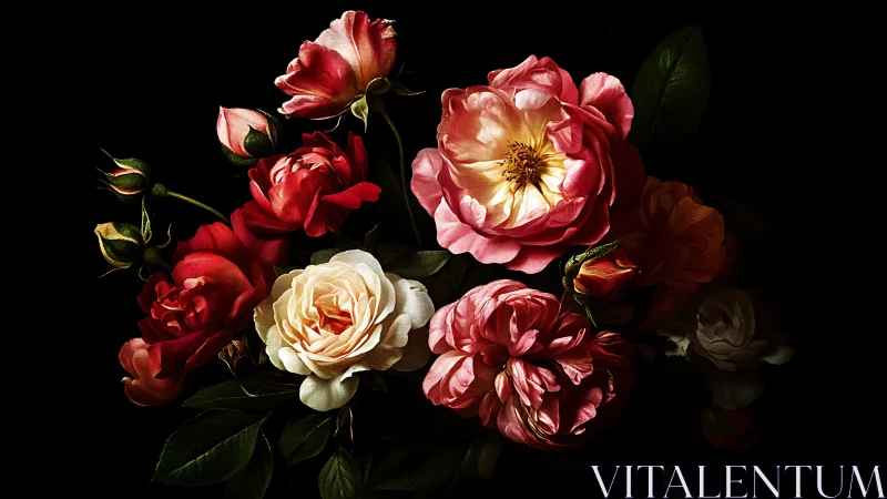 Arrangement of garden roses and peonies against dark background.