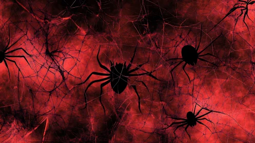 Spider silhouettes against red abstract web network background.