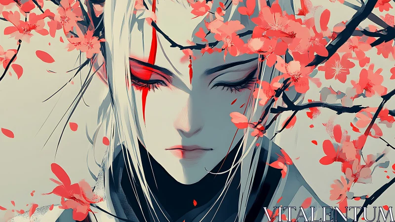 Monochrome warrior portrait intersected by saturated cherry blossoms