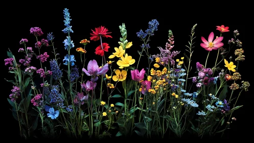 Arranged Wildflower Specimen Collection Against Black Background Study