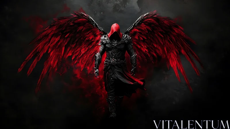 Dark winged fallen angel in red and black armor descends.