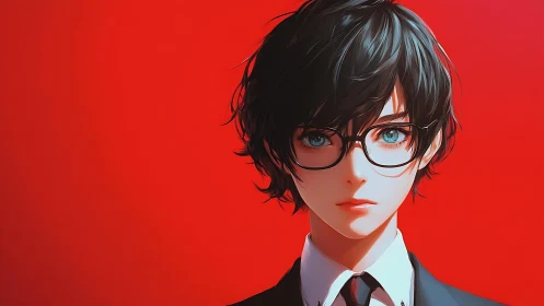 Hyper-detailed anime portrait of bespectacled youth on red