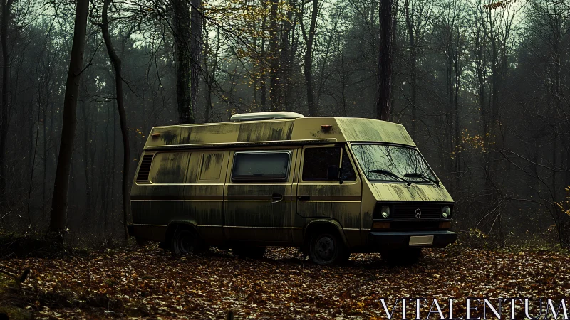 Cozy vintage camper van resting quietly in a misty forest.