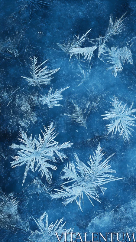 Macro view of crystalline frost patterns on blue surface.