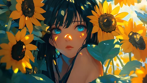 Sunlit sunflower guardian with ocean-bright dreamer eyes.