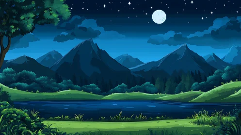 Moonlit valley lake under dreamy blue mountain skies.