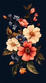 Botanical Floral Arrangement with Coral, Cream, and Navy Blooms.