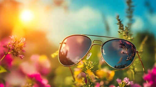 Sunglasses rest among bright flowers in vivid summer light