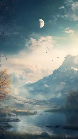 Moonlit mountainous valley with river rendered in soft light