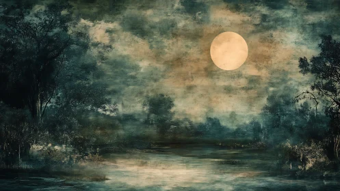 Textured moonlit wetlands under diffuse atmospheric haze at night