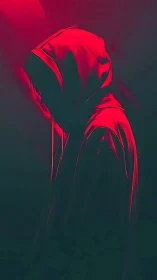 Neon hooded phantom bending into the digital twilight hush.
