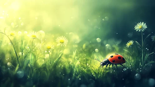Ladybird strolls through sunlit meadow of glowing daisies