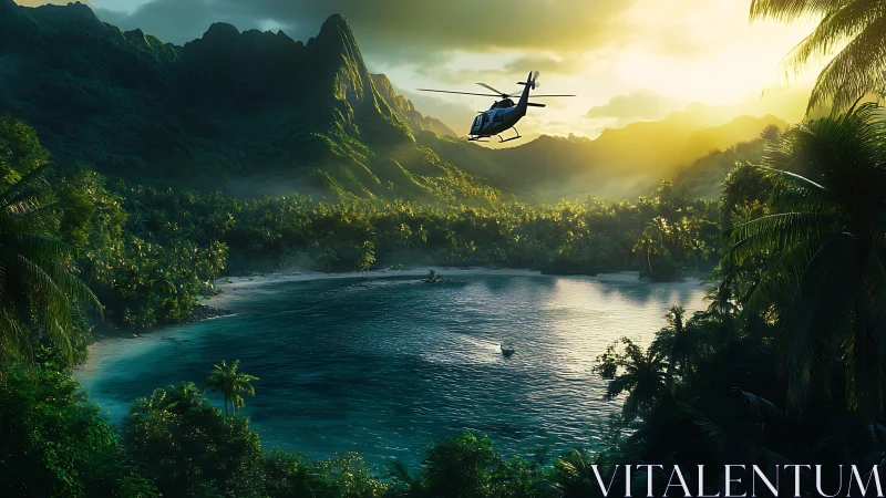Sunlit helicopter glides over a hidden tropical island bay