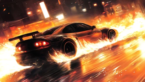 Blazing sports car roars through neon city streets at night