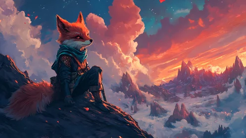 Anthropomorphic fox wanderer overlooking nebular alpine sunrise
