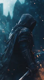 Hooded knight grips sword amid burning fortress ruins.
