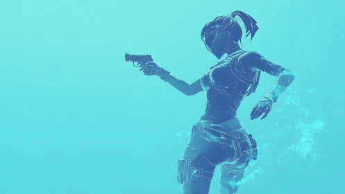 Futuristic holographic gunfighter floats in cyan void