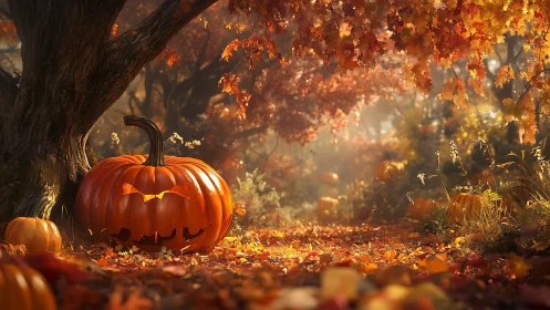Carved jack o lantern sits in sunlit autumn forest path