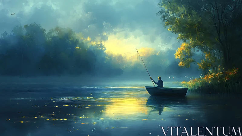 Quiet sunrise fishing on a misty, dream-bright forest lake.