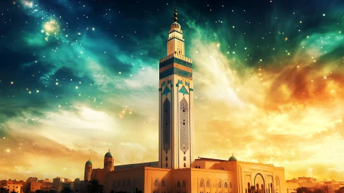 Celestial night sky envelops ornate mosque tower in glowing hues