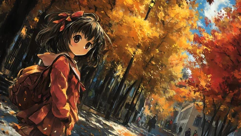 Girl in school uniform under autumn city trees at dusk.