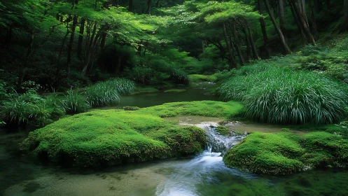 Lush mossy forest stream with vibrant green foliage, serene scene.
