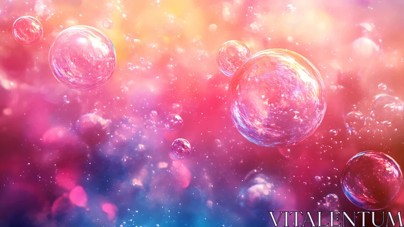 Iridescent soap bubbles drift through vibrant cosmic light.