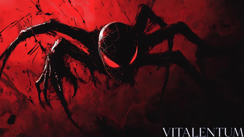 Stylized red-and-black spider figure emerges from abstract void