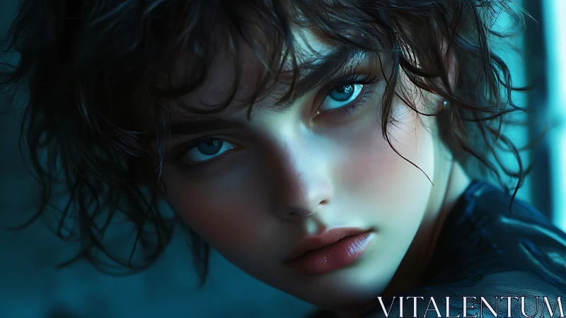 Moonlit gaze in electric teal, a storm of quiet questions.